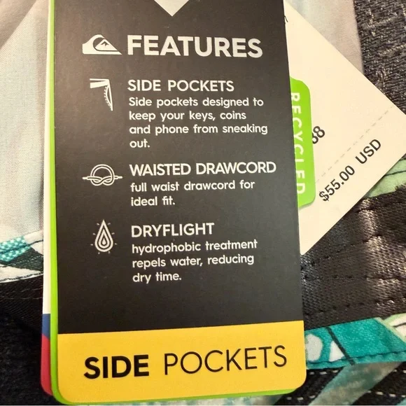 NWT QUIKSILVER SZ 38 Mens Board Shorts w/Pockets, Drawstring Swim Vacation Beach - Picture 12 of 12